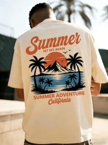 Double-Sided Print Men's "Summer Set Off Again California Adventure" Retro Palm Graphic T-Shirt, Casual Summer Quote Tee, Breathable Cotton Sunset & Mountain Print, Vacation Gift Idea, Urban Fashion Top, All-Match Base Shirt, Comfortable Daily Wear - Màu be - Xem 2
