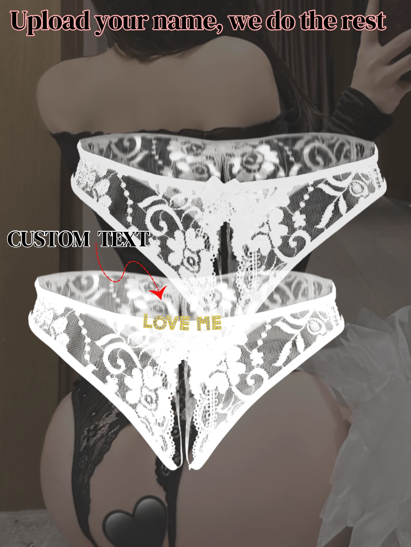 1PC Women's Custom Letter Decor & Open - Front Design, Multi - Color Lace Fabric Seductive & Personalized Thong Lingerie For Intimate Occasions - White - View 1