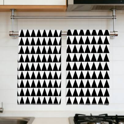 2pcs Minimalist Black & White Geometric Triangle Pattern Kitchen Towels, Soft Polyester Material Dish Cloths, Suitable For Kitchen Decor, Cleaning, Holiday Party Decoration, Kitchen & Bathroom Essentials, Home Decor, Housewarming Gift