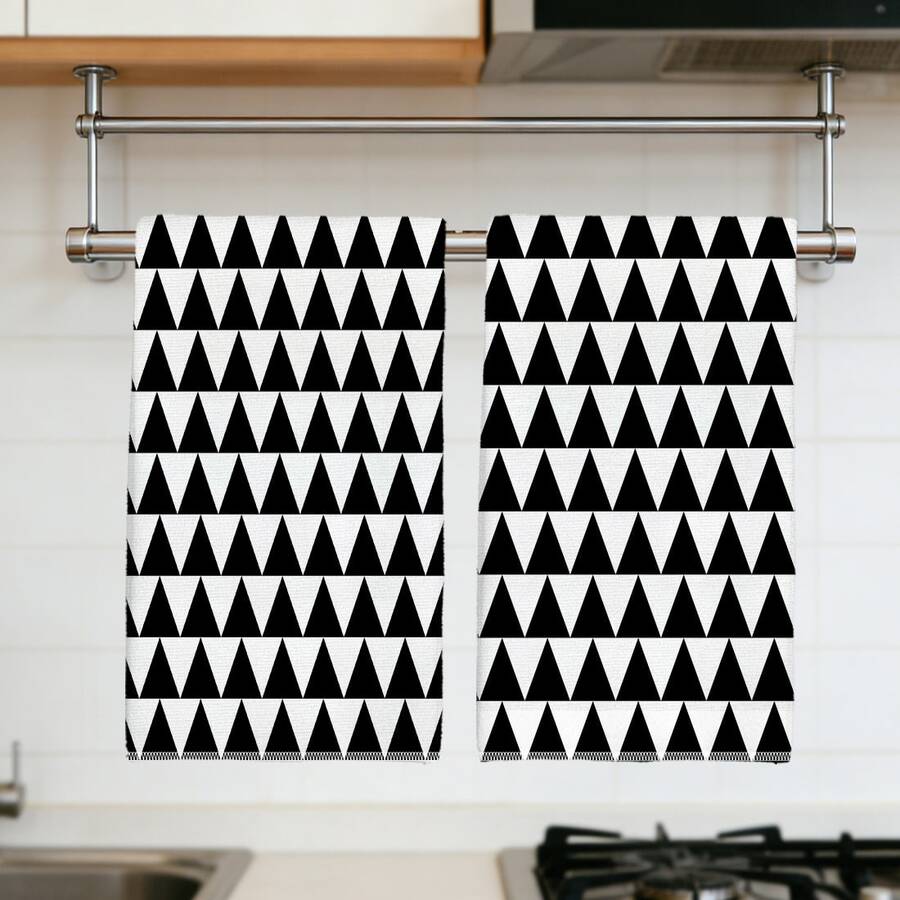 2pcs Minimalist Black & White Geometric Triangle Pattern Kitchen Towels, Soft Polyester Material Dish Cloths, Suitable For Kitchen Decor, Cleaning, Holiday Party Decoration, Kitchen & Bathroom Essentials, Home Decor, Housewarming Gift - Multicolor - View 1