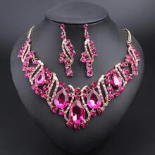Luxury Red Rhinestone Jewelry Set, Gold Plated Teardrop Crystal Necklace & Earrings, Bold Statement Accessory For Evening & Bridal Events - 2 Piece Set - View 5