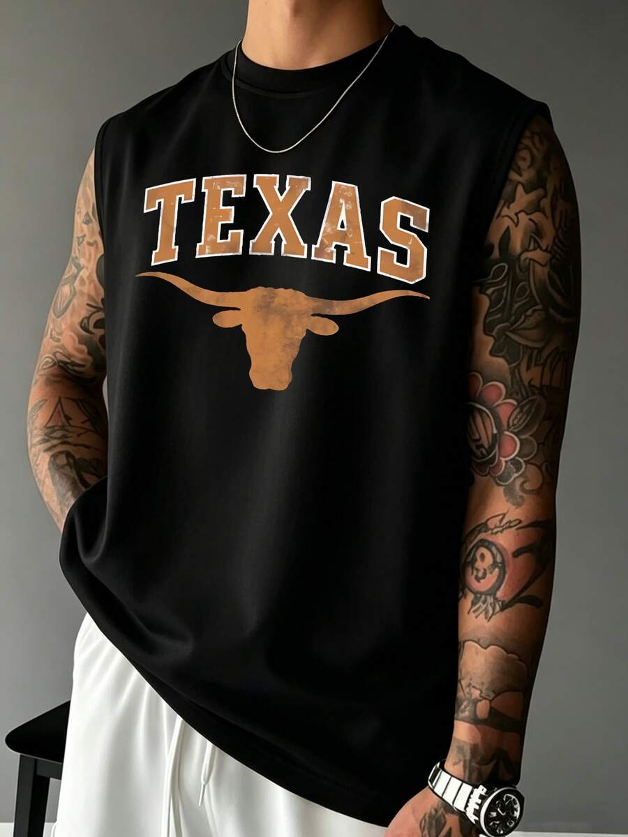 Zrgoth 男士休閒百搭簡約 Texas 文字與鄉村動物牛頭印花元素無袖 T 恤，夏季街頭風
