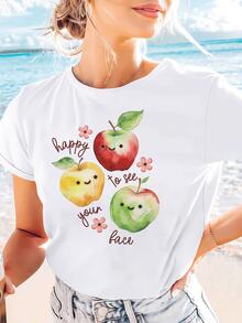 Happy To See Your Face Apple Positive Graphic Print T-Shirt, Short Sleeve And Round Neck, Casual Top For Summer And Spring, Women's Clothing - [白色的] - 查看 6