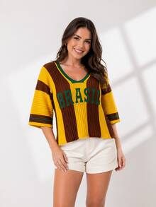 Women's Oversized Knit Blouse, Brazil Style, 3/4 Sleeve, V-Neck, Blogger Style, World Cup, Casual, Comfortable, Winter 2026 Fashion, Premium Look, Pointelle Knit, Vacation, Beach - Rỉ Nâu - Xem 1