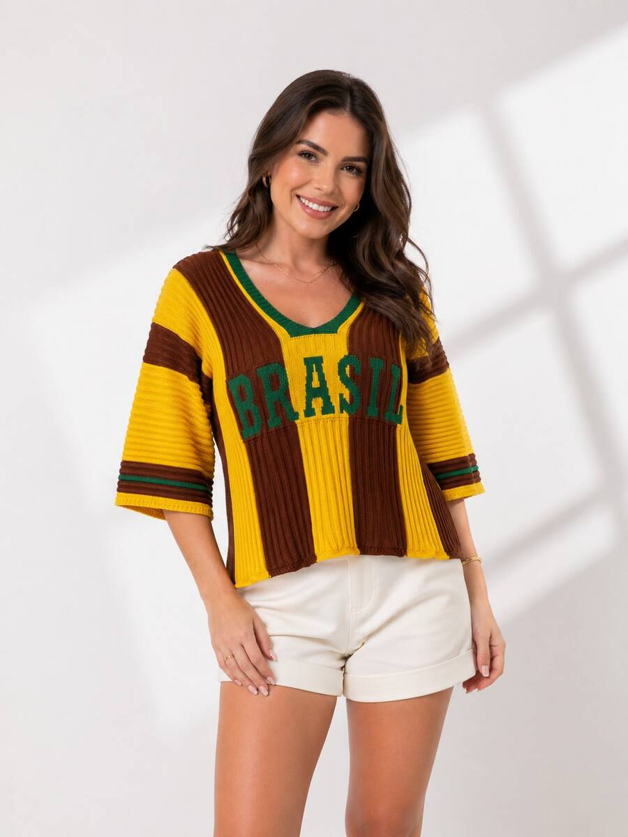 Women's Oversized Knit Blouse, Brazil Style, 3/4 Sleeve, V-Neck, Blogger Style, World Cup, Casual, Comfortable, Winter 2026 Fashion, Premium Look, Pointelle Knit, Vacation, Beach - Rỉ Nâu - Xem 1