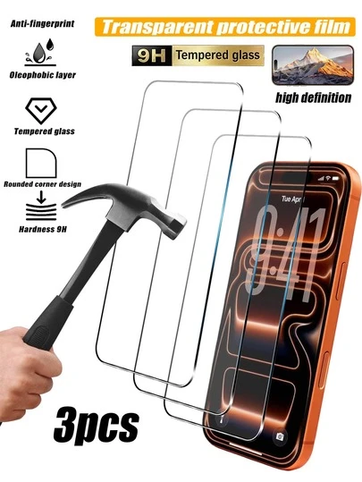 3pcs Ultra-Durable Full Screen High-Definition Tempered Glass Screen Protector, Compatible With IPhone 17/Air/17 Pro/17 Pro Max/16 Pro Max/15 Pro Max/14 Pro Max/13/12/11Pro Max/7/8/Se2/X/Xs/Xr/Xs Max, Scratch-Resistant, Shockproof, Fingerprint-Proof, 9H Hardness, Easy Installation