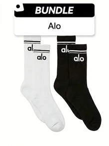 Alo 男女通用复古袜子 2 双装 吸汗透气 柔软弹力 弹性好 纯色 易洗速干 多功能 日常运动 男女通用 均码 黑色 白色 A0357U-BLACK A0357U-WHITE - 黑白 - 查看 1