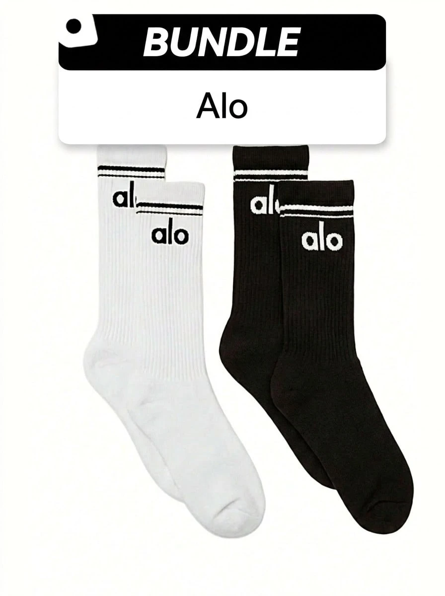 Alo 男女通用复古袜子 2 双装 吸汗透气 柔软弹力 弹性好 纯色 易洗速干 多功能 日常运动 男女通用 均码 黑色 白色 A0357U-BLACK A0357U-WHITE - 黑白 - 查看 1