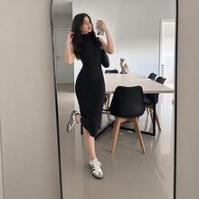 女款夏季休閒日常通勤簡約百搭素色高領無袖貼身及膝洋裝 - 黑色 - 查看 5