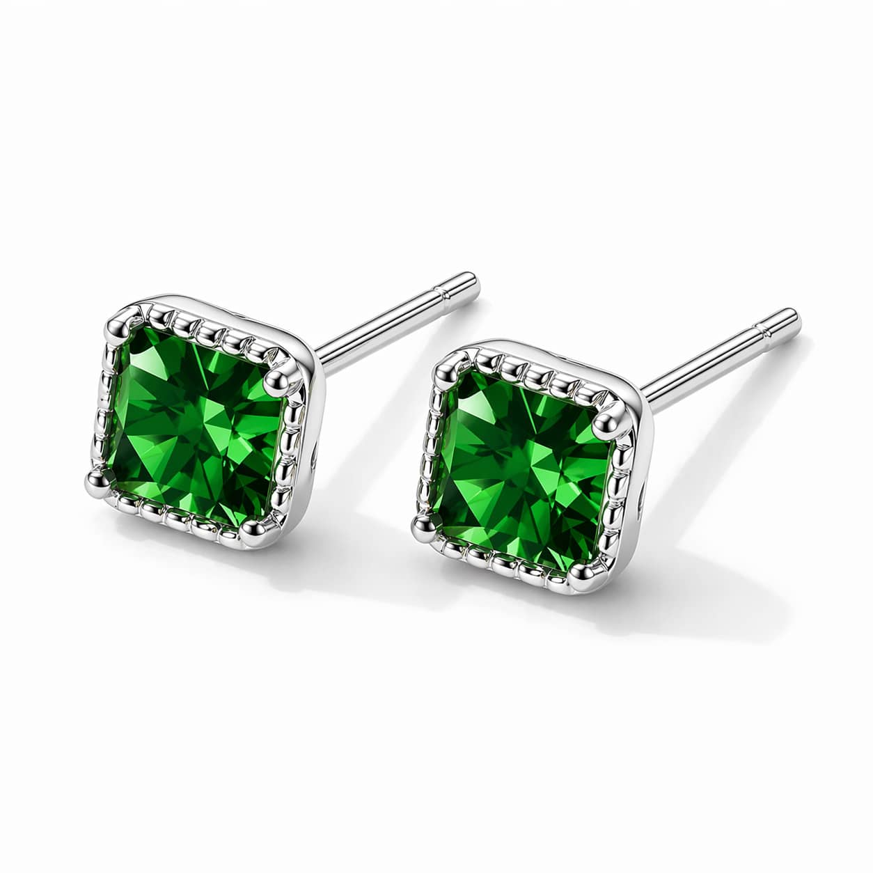 1 Đôi bông tai bạc 925 hình vuông đính đá Cubic Zirconia màu xanh lá cây, kiểu dáng tối giản, lấp lánh dành cho nữ. - Bạc - Xem 1