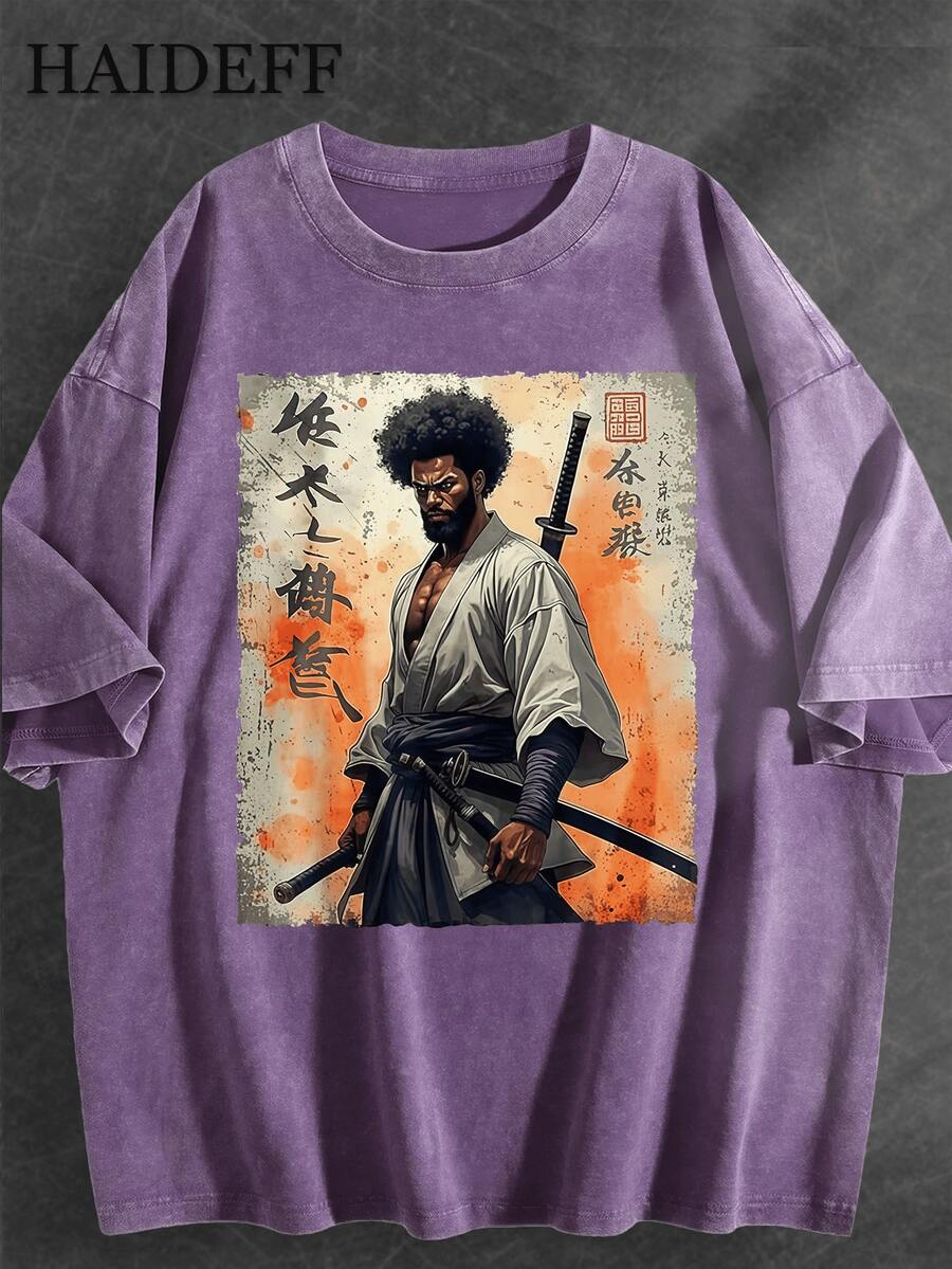 Samurai Afro Black Heavy Wash T-Shirt - Kimono Sword Design, Orange Beige, Japan Script - Anime Streetwear Fans, Plus Size, Oversize Vintage Mens Tee - Màu tím - Xem 1