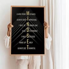 1 pieza Póster de arte de pared de lienzo inspirador con diseño "Mentalidad", perfecto para decoración motivacional en oficina, aula o dormitorio, gran regalo para familiares y amigos, agrega energía positiva a cualquier espacio, fondo negro con texto amarillo, estilo moderno de granja, adecuado para decoración de pared de dormitorio, sala de estar u oficina, arte de chica de moda, obra de arte motivacional, decoración del hogar, lienzo colgante de pared - A - Ver 5