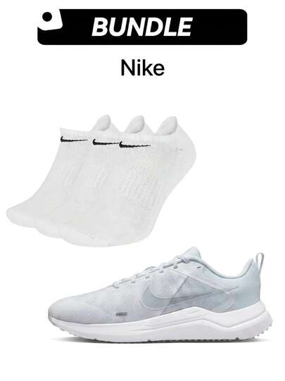  Downshifter 12 Men's Casual Sneakers & Nike Everyday Cush Crew Socks Set Breathable Cushioning Lightweight Thick Sole Shock Absorption Sweat Absorption Comfort High Elasticity Knit Logo Versatile Gym Commuting Running Training Daily Wear White Unisex 3 Pair Set DD9293-100