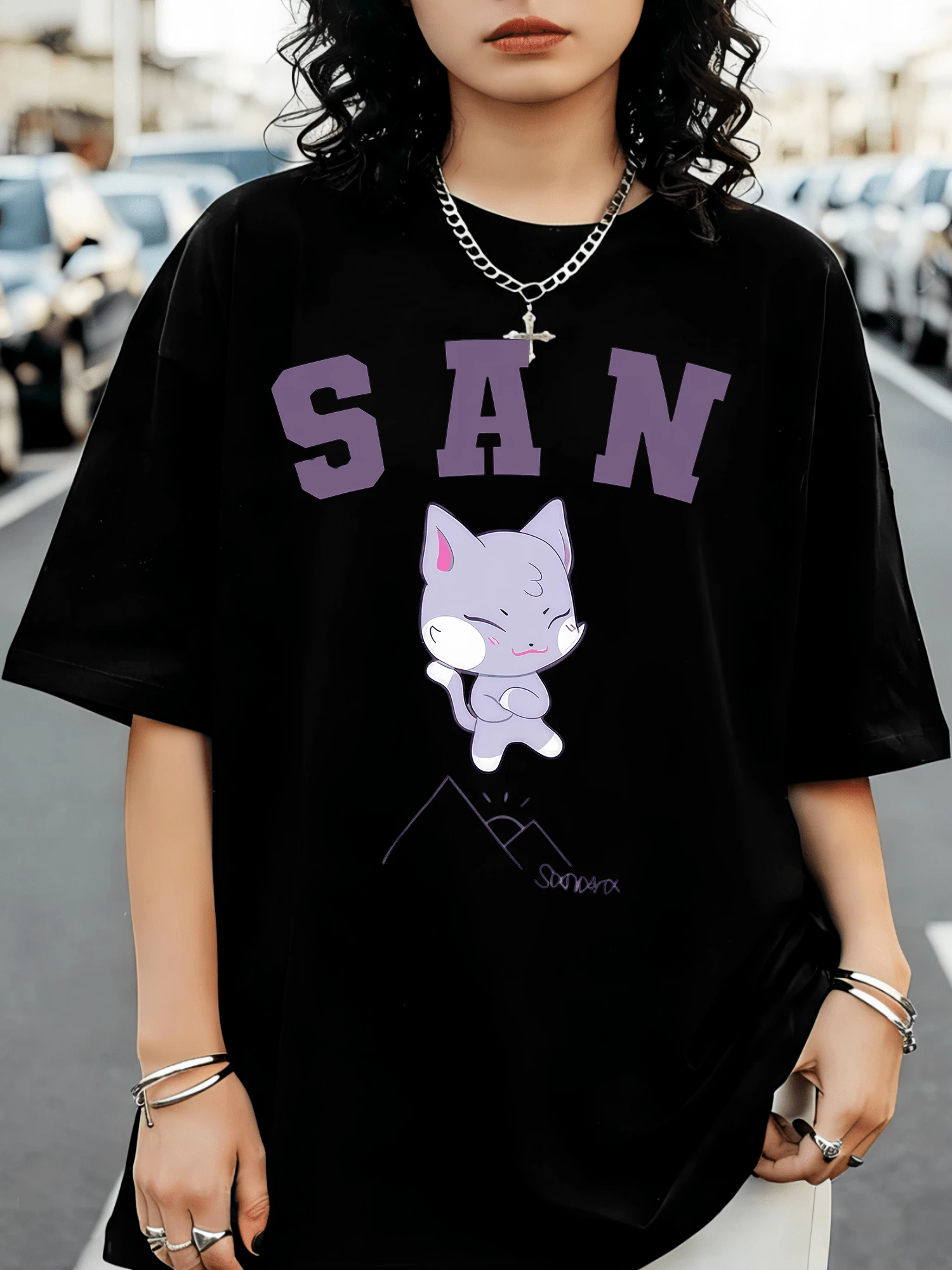ATEEZS San Purple Cat Chibi Graphic T-Shirt, K-Pop Inspired Fan T-Shirt - Black - View 1