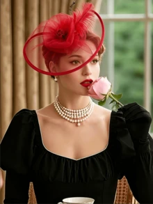 1pc Women's Vintage 20s 30s 50s Charming Hat Headpiece, Fascinator With Flower Veil, Wedding Tea Party Hat - Red - View 5
