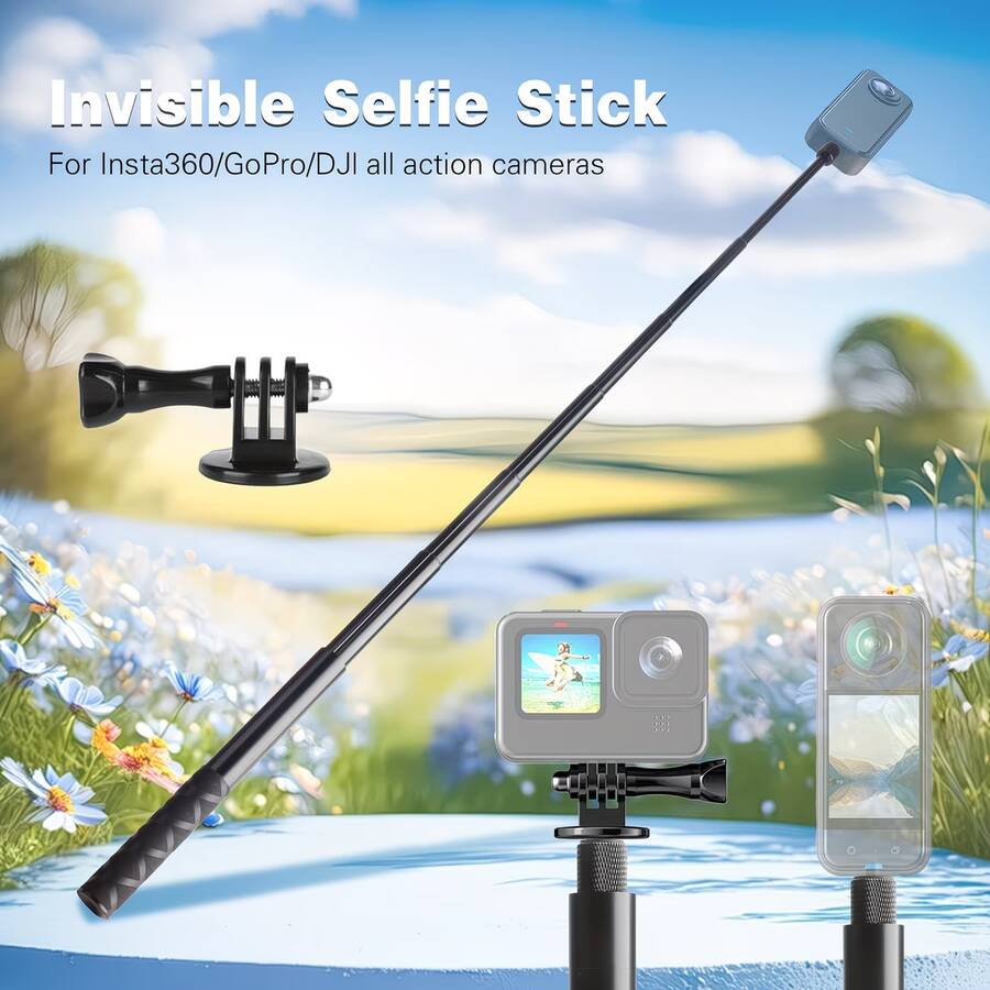 Uegogo 1Set 46 Inch Invisible Selfie Stick, Heavy Duty Black Metal Monopod Pole, Telescopic Extension Rod With Adapter For Insta360 X5/X4/X3 OSMO, Outdoor Travel Vlog Accessories - View 1