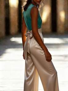 Bộ jumpsuit mới thanh lịch, màu trơn phối màu tương phản, kiểu đan chéo, đa năng, thích hợp mặc đi dự tiệc sinh nhật, hẹn hò, và mọi mùa hè. - màu xanh lá - Xem 4