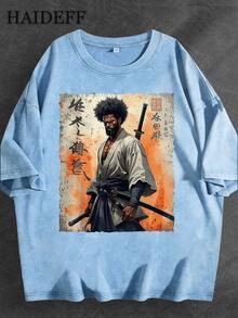 Samurai Afro Pattern Black Heavyweight Washed T-Shirt - Unique Kimono Design With Sword, Orange And Beige Background, Japanese Calligraphy - Perfect Choice For Anime Fans And Streetwear Enthusiasts, Available In Plus Size, Anime Clothes,Oversized T Shirt Men, Vintage Shirt - Màu xanh nhạt - Xem 1