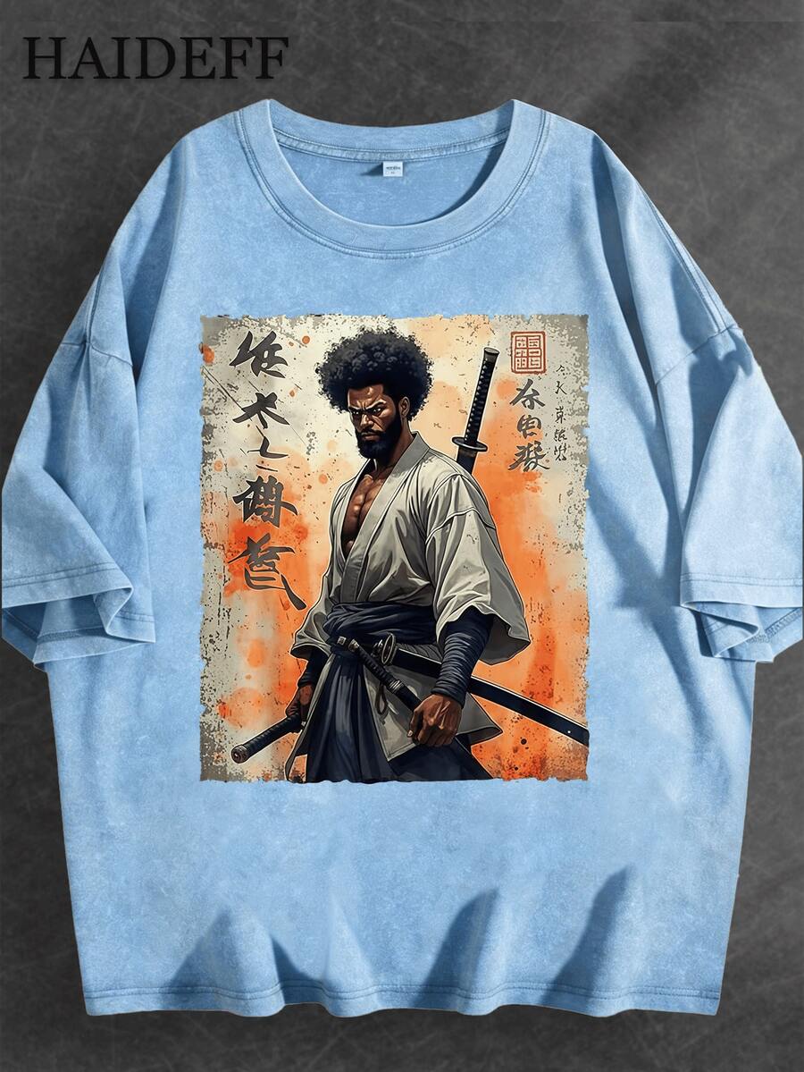 Samurai Afro Pattern Black Heavyweight Washed T-Shirt - Unique Kimono Design With Sword, Orange And Beige Background, Japanese Calligraphy - Perfect Choice For Anime Fans And Streetwear Enthusiasts, Available In Plus Size, Anime Clothes,Oversized T Shirt Men, Vintage Shirt - Màu xanh nhạt - Xem 1
