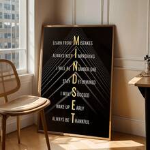 1 pieza Póster de arte de pared de lienzo inspirador con diseño "Mentalidad", perfecto para decoración motivacional en oficina, aula o dormitorio, gran regalo para familiares y amigos, agrega energía positiva a cualquier espacio, fondo negro con texto amarillo, estilo moderno de granja, adecuado para decoración de pared de dormitorio, sala de estar u oficina, arte de chica de moda, obra de arte motivacional, decoración del hogar, lienzo colgante de pared - A - Ver 4