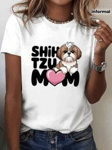 Cute Shih Tzu Dog Expressing Love With A Pink Heart Symbolizing Companionship, Loyalty, Affection, And Tenderness Towards Pets. Comfortable And Stylish Casual Women's T-Shirt For Everyday Wear. - 白色 - 查看 1