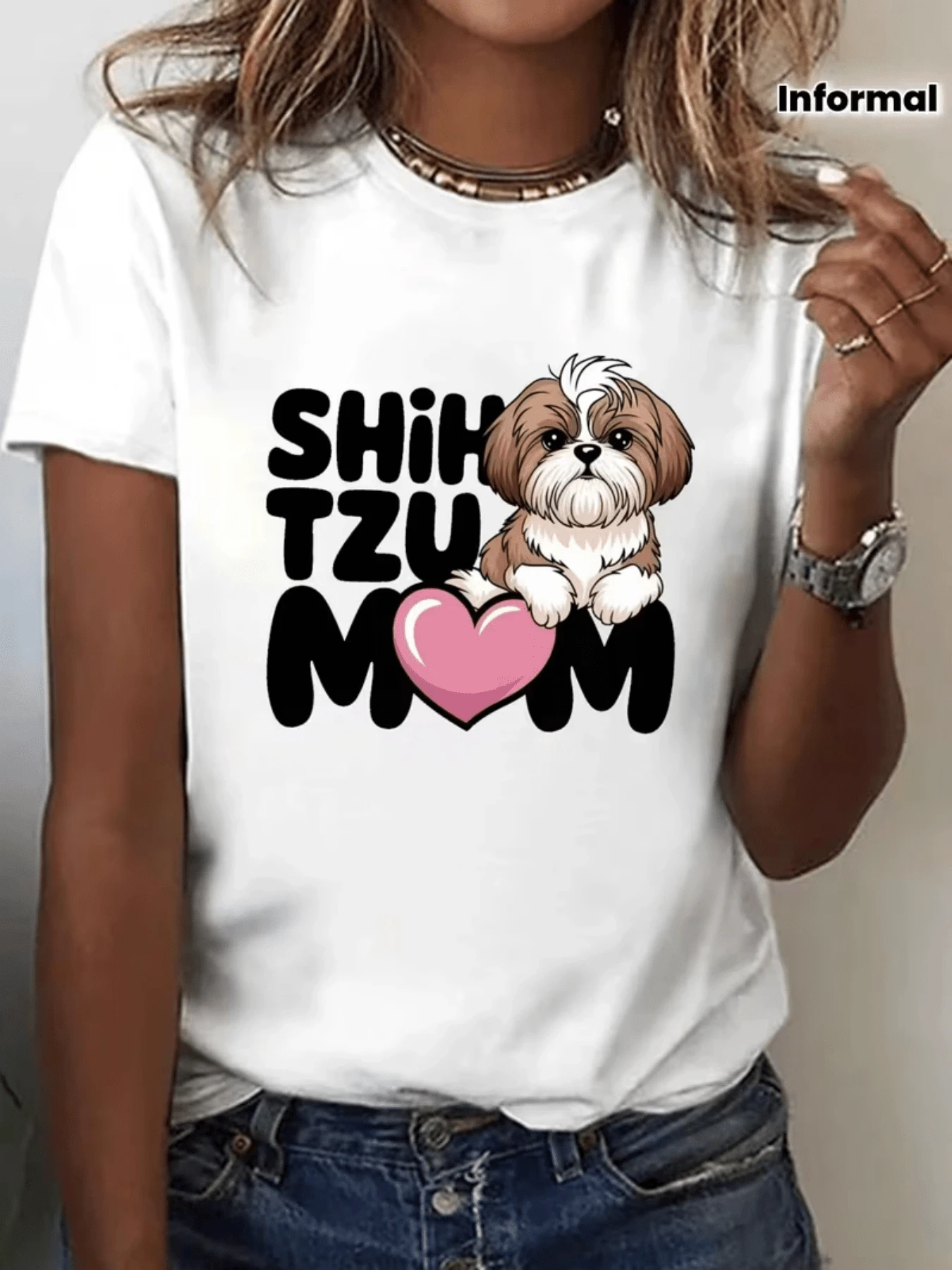 Cute Shih Tzu Dog Expressing Love With A Pink Heart Symbolizing Companionship, Loyalty, Affection, And Tenderness Towards Pets. Comfortable And Stylish Casual Women's T-Shirt For Everyday Wear. - 白色 - 查看 1