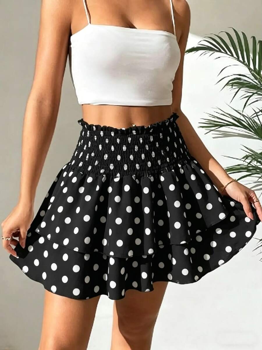 Chân váy ngắn xếp tầng họa tiết chấm bi phong cách bohemian dành cho nữ, chất liệu vải dệt, hoàn hảo cho mùa hè. - màu đen - Xem 1