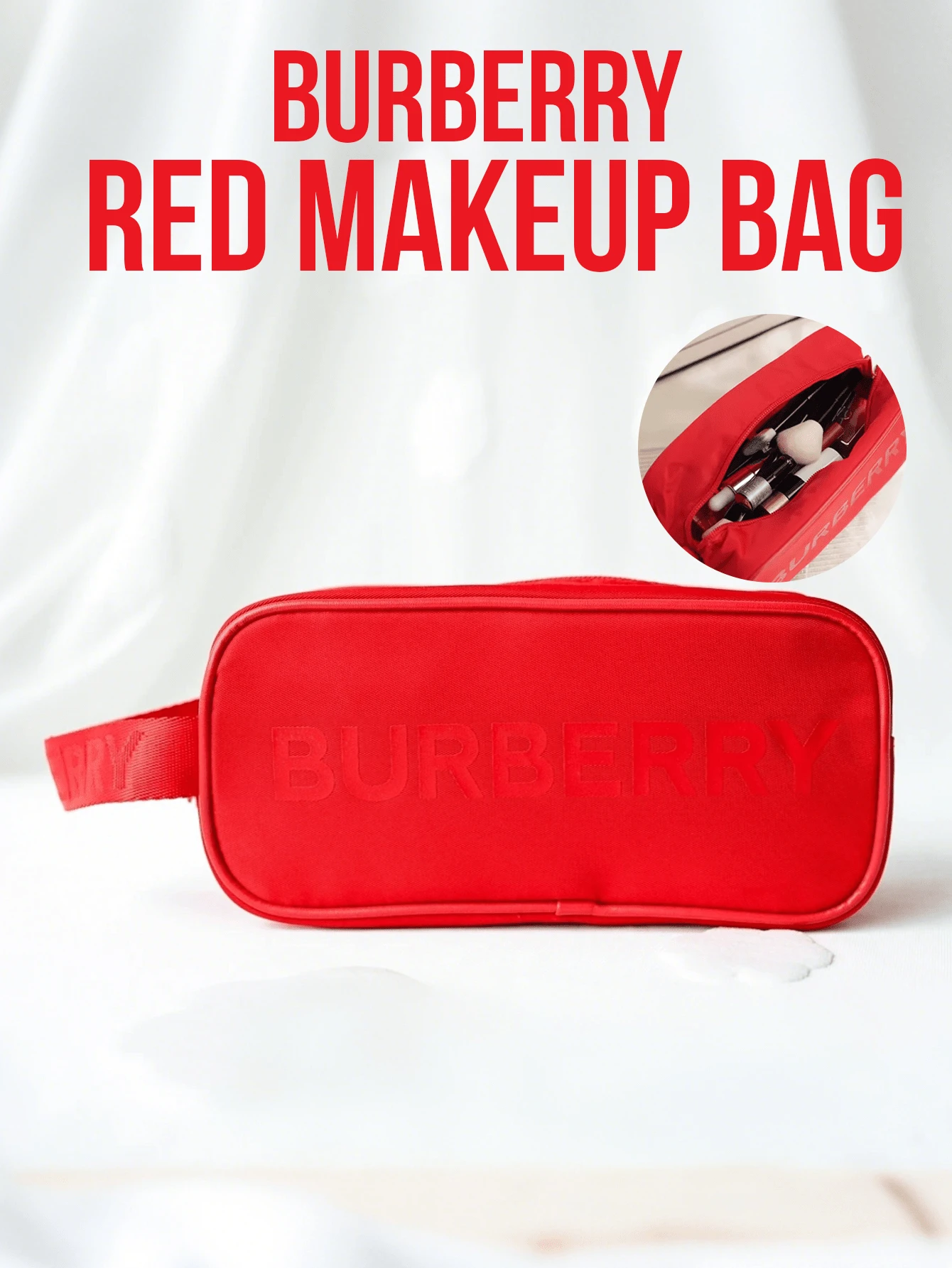 Burberry Boberly 紅色長方形化妝包，22*10cm，尼龍布料，大容量且便攜，可收納化妝品，輕巧耐用，適合個人使用或送禮
