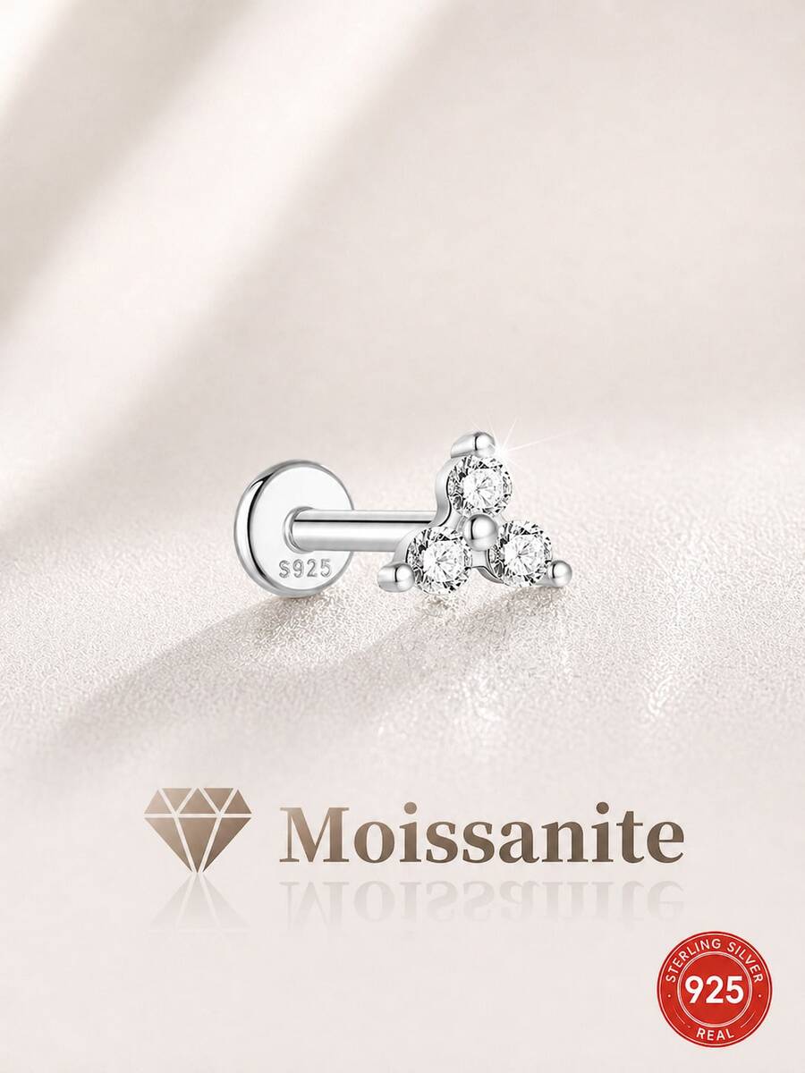 1 chiếc khuyên tai bạc 925 mạ vàng 18K, đính ba viên đá Moissanite nhỏ nhắn, kiểu dáng phẳng, không gây dị ứng, dành cho nữ, thích hợp đeo hàng ngày hoặc làm quà tặng dự tiệc. - Bạc - Xem 1
