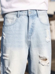 Roughcore Men's Loose Fit Distressed Washed Denim Jeans - Blue and White - View 7