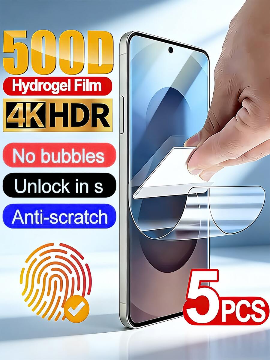 5片装高清水凝胶软膜，兼容三星Galaxy S26/S25/S24 Ultra/OPPO/vivo/荣耀/红米/小米/华为/realme/摩托罗拉等品牌手机，曲面防爆防刮，非玻璃材质。