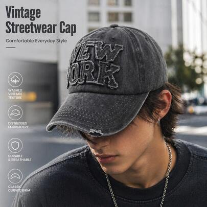 Mũ lưỡi trai unisex kiểu vintage đã qua xử lý, thêu chữ New York kiểu cũ, viền tua rua, kiểu mũ "dad hat" (mũ bố) phong cách Y2K retro đường phố, mũ chống nắng thường ngày.