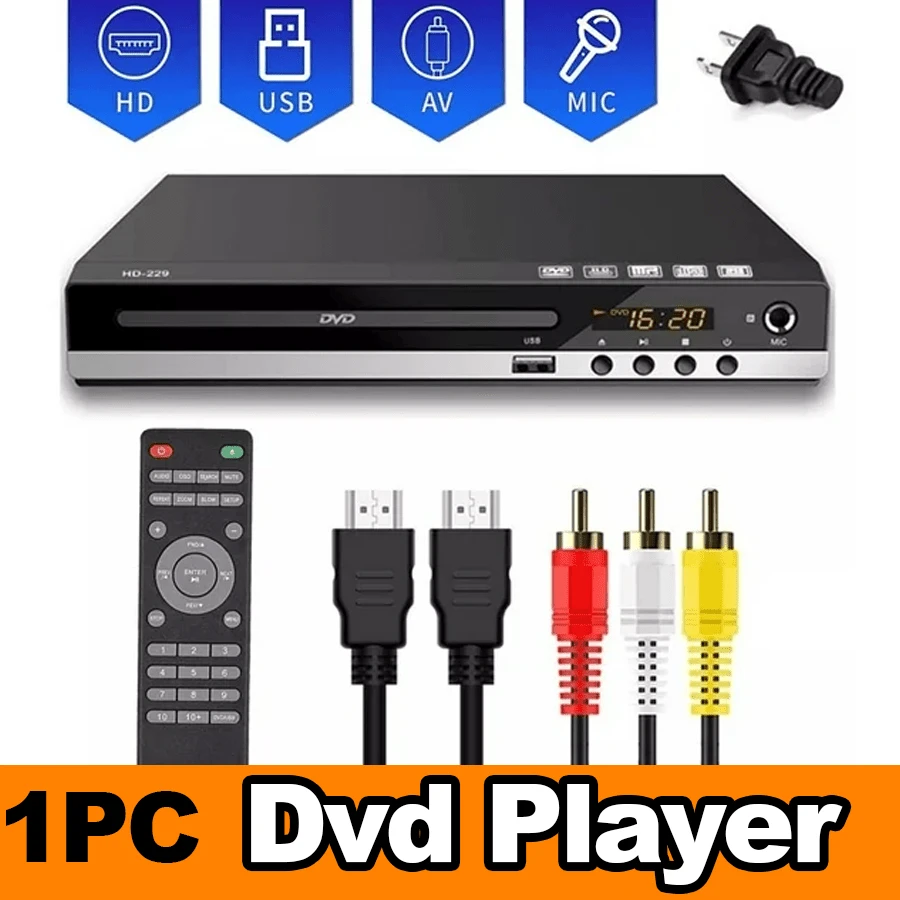 1pc Compact 1080P Region-Free High-Definition ABS H-DMI DVD Player, Modern Black Slim Desktop Multimedia Disc Player With USB Input, AV Output, Remote Control, Progressive Scan, CD MP3 JPEG Playback For Smart TV Home Theater Bedroom Travel Holiday Entertainment All-Season Use