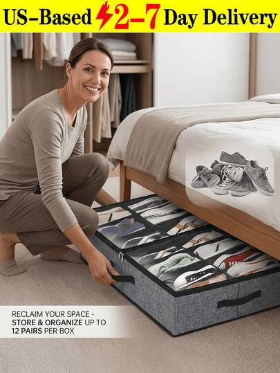 [Delivery Within 2-7 Days In The United States] Foldable Underbed Shoe Organizer Clear Top Shoe Storage Box For Family Large Capacity Under Bed Shoe Container Bedroom Organization Shoe Storage Bag Closet Organizer Local Delivery Quick Ship