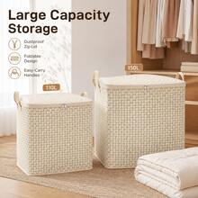 1pc Beige Storage Box, Minimalist Fabric Foldable Storage Bin, Large Capacity Stackable Quilt & Clothing Organizer, Zippered Dust-Proof & Moisture-Proof Blanket & Clothing Storage Bag, Suitable For Wardrobe, Bedroom, Closet, Dorm, Home - Gray Ripples - View 3