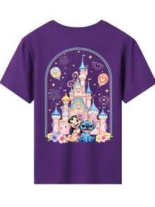 Disney Stitch And Lilo With Castle Double-Sided Printed Pattern T-Shirts For Girls - Children's Clothing Design Short-Sleeved Casual And Cute Style Comfortable And Casual Wear All Year Round Suitable For Parties And Play Machine Washable Gift Children's Clothing Girls' Short-Sleeved Shirts - 紫色 - 查看 3