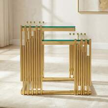 Set Of 2 Modern Square Side Tables For Living Room: Small Gold Side Table With Clear Tempered Glass Top And Gold Stainless Steel Legs, Ideal For Bedroom, Sofa Or Balcony. - Gold + Clear - View 8