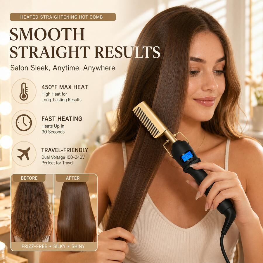 Máy duỗi và uốn tóc 2 trong 1, dụng cụ tạo kiểu tóc mượt mà nhanh chóng, lược duỗi và uốn tóc ion, món quà du lịch thiết yếu cho phụ nữ. - màu đen - Xem 1