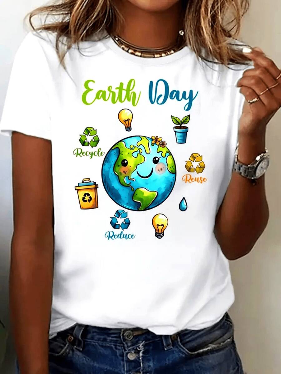 Earth Day T-Shirt - Nature And Symbol Print, Loose Fit, Short Sleeve, Crew Neck, Casual White T-Shirt With Earth Day Logo, Machine Washable. - White - View 1