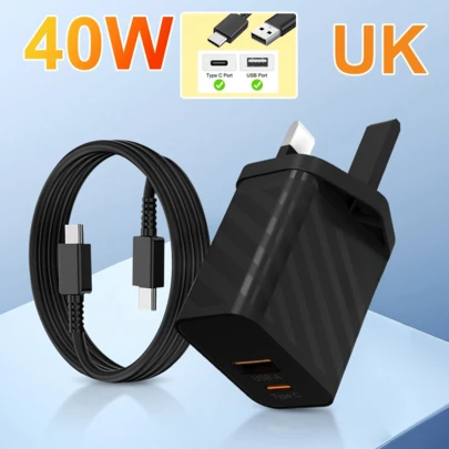 40W USB-C 墙式充电器，安卓插头，USB-C 双口快充适配器，配备 4.9 英尺 C 型至 C 型充电线，兼容 17/16/15、Galaxy、Pixel 9 Pro XL - 英国手机充电器，高输出功率，适用于家庭和办公室