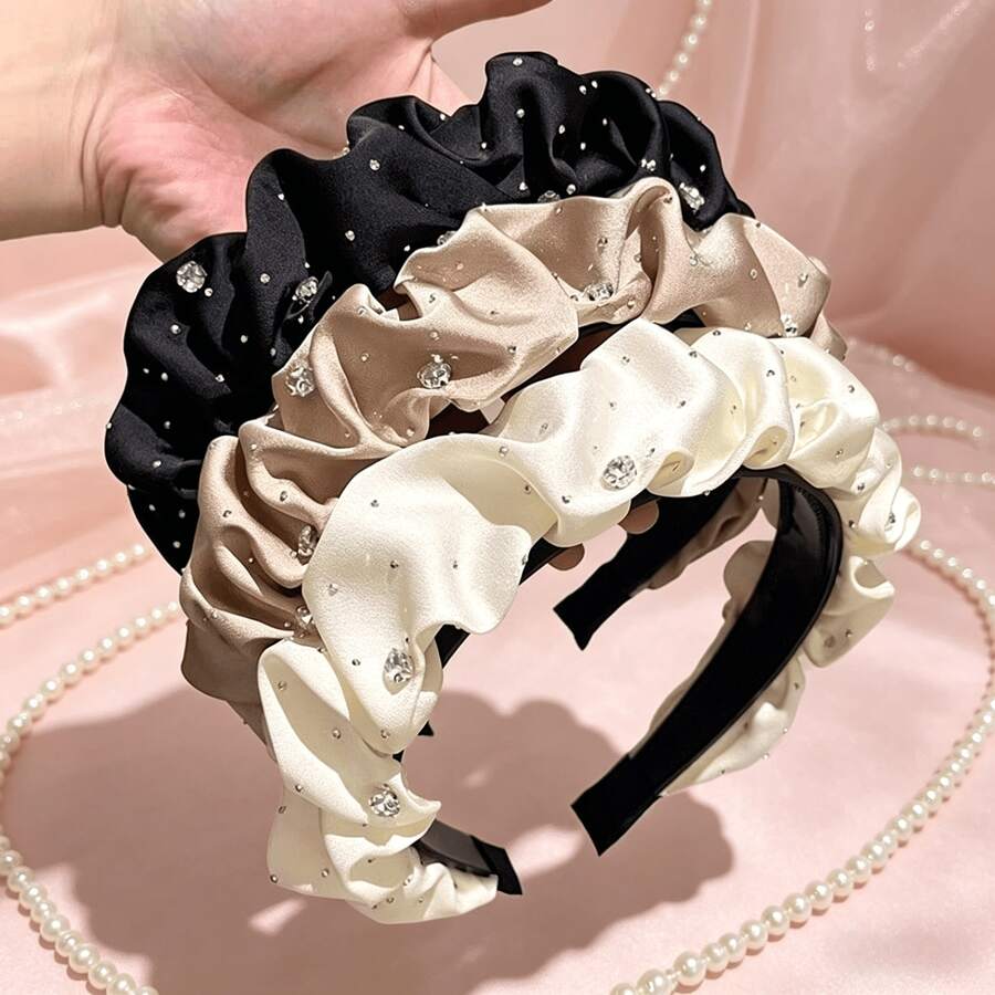 1件裝女士緞面荷葉邊水鑽髮箍,奢華絲綢感寬版髮圈,防滑高蓬髮飾,適用日常與派對髮帶 - 彩色 - 查看 1