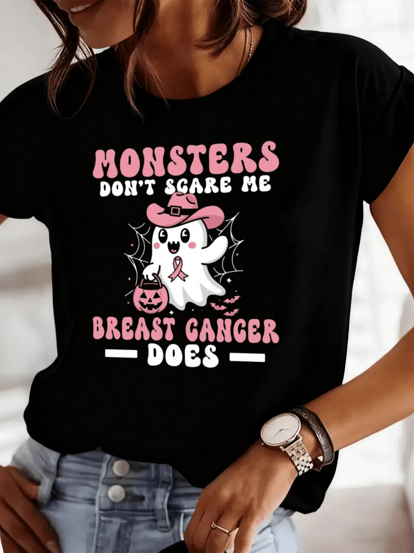 Breast Cancer Awareness Tee Womens T-Shirt Black Gifts Graphic New Spring And Fall Printed T-Shirts, Fashionable And All-Season Top, Stylish And Y Look, Durable Easter Gift - 黑色 - 查看 1