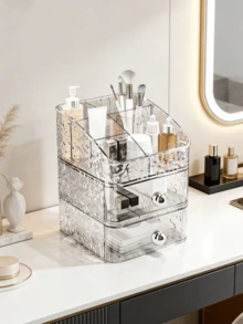 3/1 Pc Stackable Desktop Drawer Organizer Mixed Set - Light Luxury Ripple Acrylic Cosmetic Storage Box, Makeup Display Stand, Office Cosmetic Storage Case, Bathroom Countertop Cosmetic Storage Frame, Bathroom Decoration, Home Decoration. - Multicolor - View 1