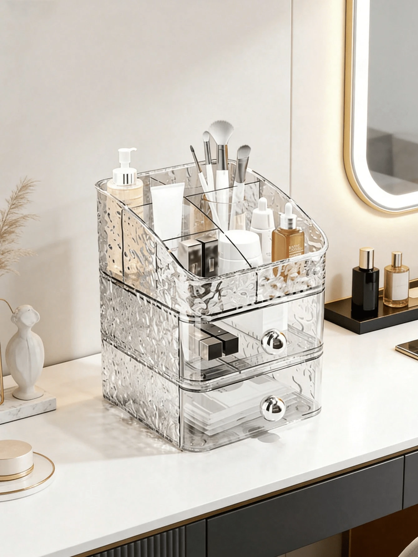 3/1 Pc Stackable Desktop Drawer Organizer Mixed Set - Light Luxury Ripple Acrylic Cosmetic Storage Box, Makeup Display Stand, Office Cosmetic Storage Case, Bathroom Countertop Cosmetic Storage Frame, Bathroom Decoration, Home Decoration. - Multicolor - View 1
