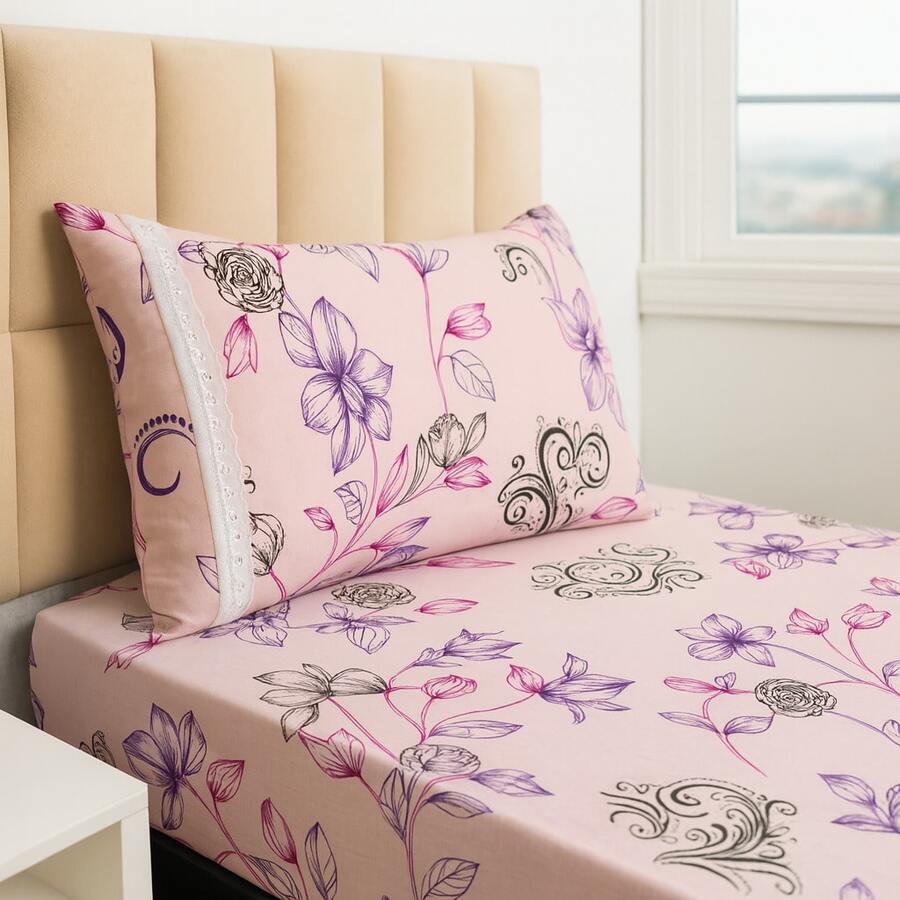 Single Jersey Knit Sheet Set, 2 Pieces, Printed, 100% Cotton, Elastic, Pillowcase With Zipper, Standard Box Spring Bed, Durable Bedroom - 淺粉色 - 查看 1
