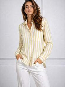 Women's Long-Sleeved Striped Linen Shirt, Brightly Colored - Yellow 1 - View 2