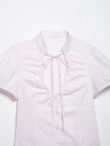 DEEKA Summer New Women's Fashion Minimalist Bowknot Decor Chiffon Blouse - Baby Pink - View 3