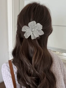 1PC Rhinestone Flower Spring Clip Hairpin Suitable For Women's Daily Hairstyle Decoration,Hair Clip,Party, Claw Clips - White - View 1