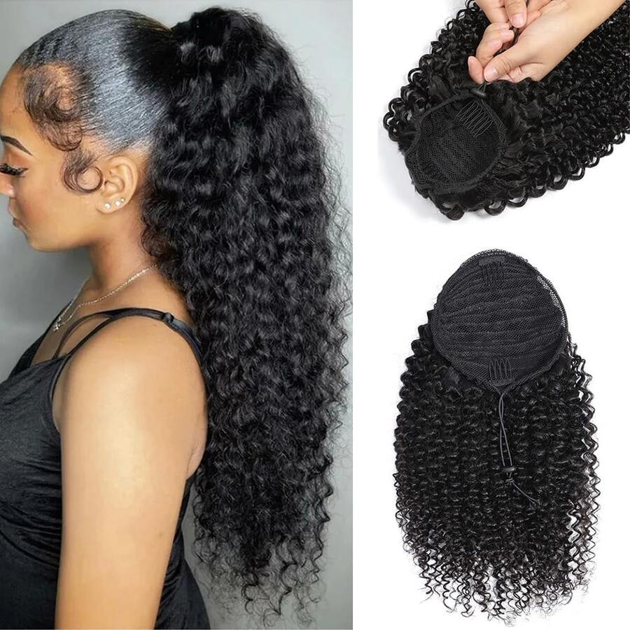 BINF Ponytail Human Hair Kinky Curly Ponytail Remy Piece For African American Ponytail Extension Afro Kinky Curly Ponytail For Women - Natural Black - 查看 1