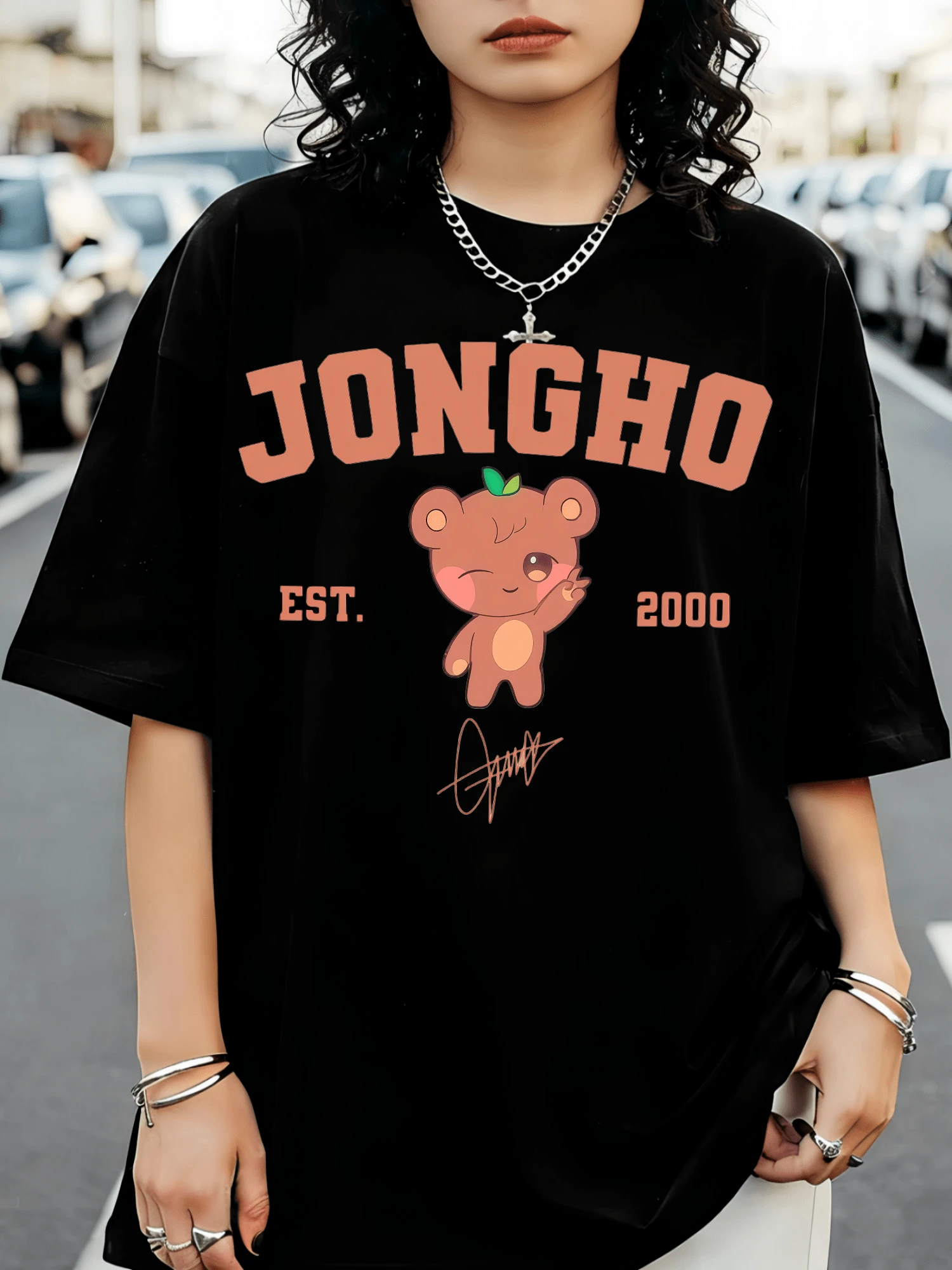 ATEEZS Jongho Orange Bear Chibi Graphic T-Shirt, K-Pop Inspired Fan T-Shirt - Black - View 1